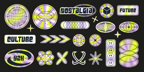 Retro Abstract Neon Holographic Y2K style sticker set. Iridescent foil adhesive film, futuristic geometric labels. realistic holo textures.. Editable stroke