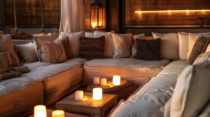 A cozy lounge area is set up in a corner of the room filled with plush velvet sofas and soft candlelight providing a comfortable spot for guests to unwind. 2d flat cartoon.