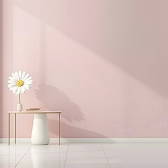 A white flower vase sits on a table in a room with a white wall. The room is empty and has a minimalist design