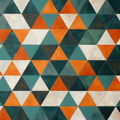 A colorful pattern of triangles and squares. The colors are green, orange, and white. The pattern is made up of many triangles and squares, and it looks like a mosaic. Scene is cheerful and playful