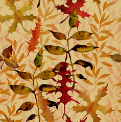 Seamless watercolor pattern with hand drawn bright yellow red and orange leaves on a beige background. Autumn illustration for holiday cards, textiles, gift wrapping, print, home products.