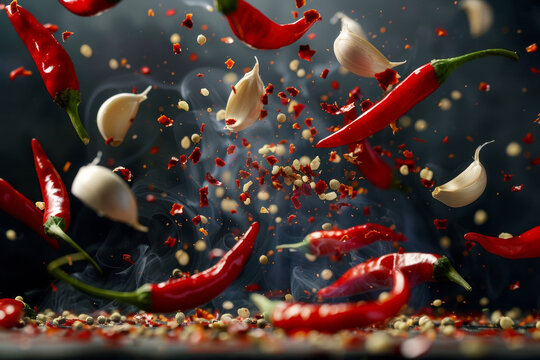 Chili and garlic splash and flying in the air