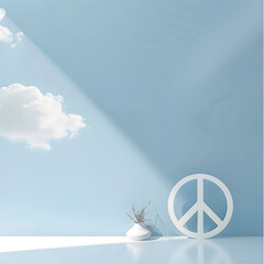 A white vase with a plant sits on a table in front of a blue wall with a peace sign on it