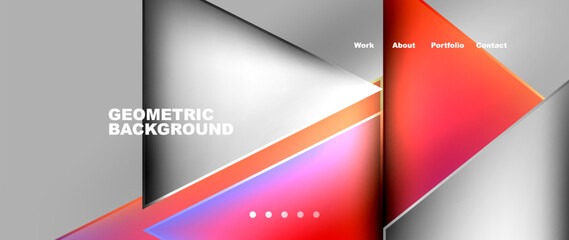 Fototapeta premium An automotive design featuring a geometric background with red, white, and purple triangles on a gray backdrop. The layout resembles Automotive lighting, Tints and shades, and Vehicle door accents