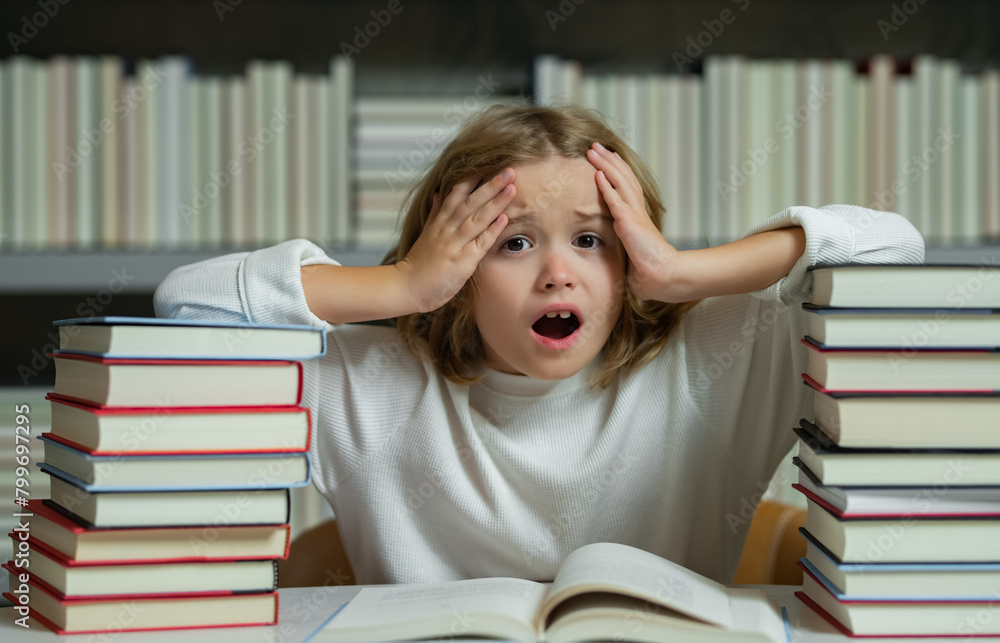 Poster expression school kid with piles of books. knowledge day. child reading book in a book store or scho