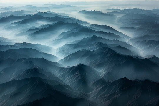 Aerial view of layered patterns of mountain ridges receding into the distance, with their alternating light and shadow creating a minimalist composition.