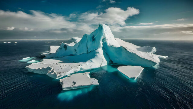 Wide-angle image of an iceberg in calm waters