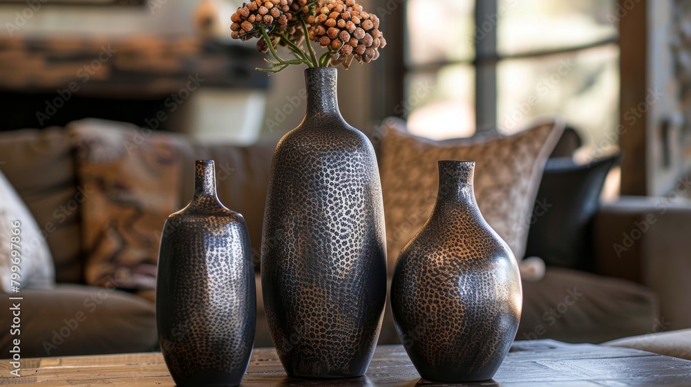 Poster a trio of ceramic vases with a metallic finish adding a touch of modern elegance to any space..