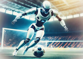 スポーツの概念でスタジアムでサッカーをする人型ロボット	