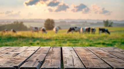 Wooden board with cows in the background created with Generative Ai technology
