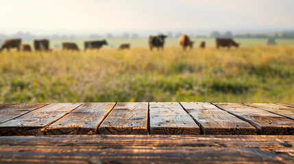 Wooden board with cows in the background created with Generative Ai technology