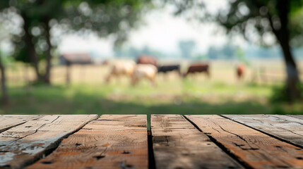 Wooden board with cows in the background created with Generative Ai technology