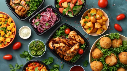 Top view of mediterranean chicken and falafel meals with salad, roasted potatoes and pickled vegetables in takeout containers on blue background and orange placemat