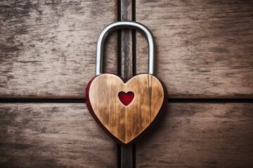 Wooden heart-shaped lock on a rustic wooden background