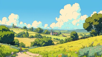 Obraz premium Grass Field landscape with blue sky and white cloud. Blue sky clouds sunny day wallpaper. Grass Field with farm in blue sky. green field in a day. farm landscape. village landscape with blue sky.