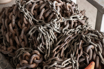 Photo of a pile of old rusty chains, made of steel