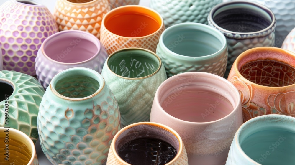 Poster a set of colorful ceramic s with different textures some smooth some patterned each one unique and e