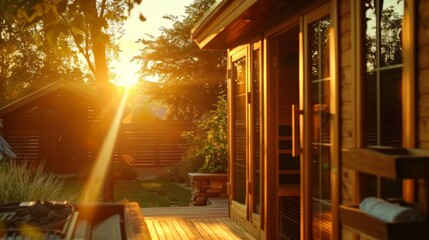 The beautiful golden light escaping from the windows of an outdoor infrared sauna as the sun sets in the background..