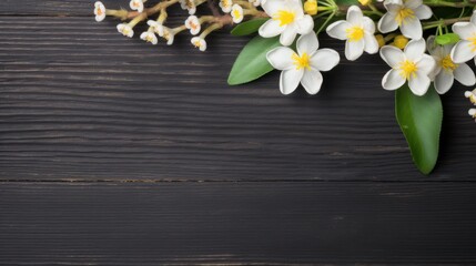 Blooming white flowers on wooden background