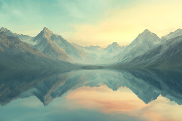 Beautiful mountains that are reflected in the lake at sunrise. Landscape with lake and green sky - Powered by Adobe