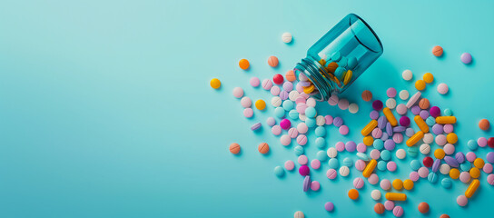 A jar of colorful pills is shown in a blue background