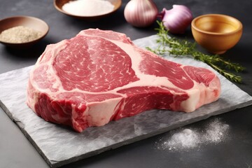 Juicy raw meat steak on slate with spices