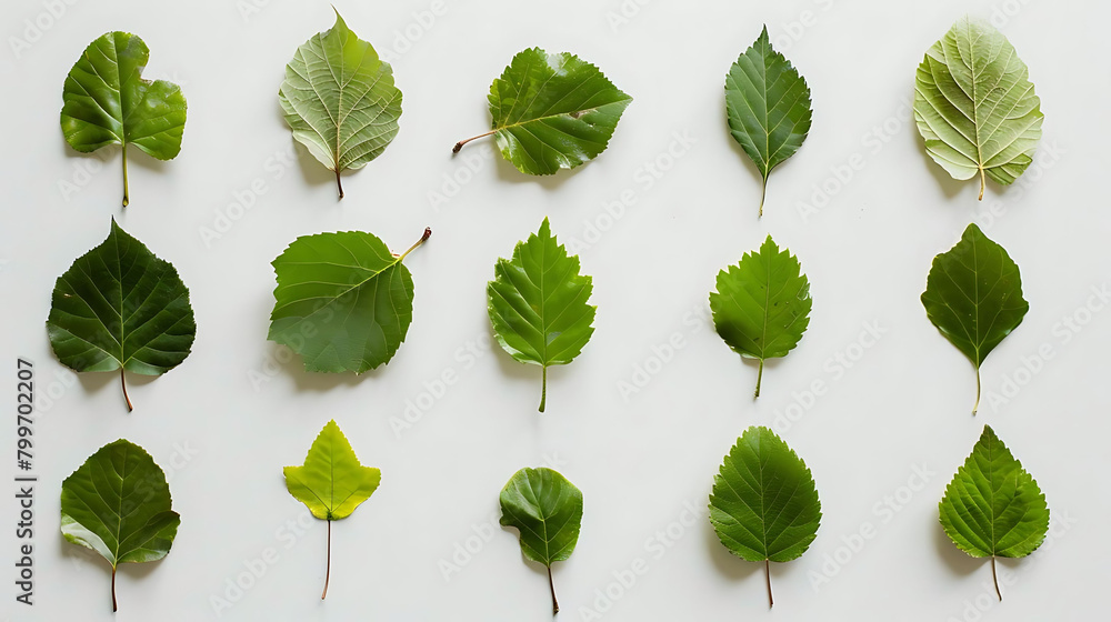Poster clean and simple arrangement of tree leaves on isolated background, featuring large and small green