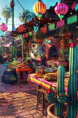 Fototapeta na wymiar Mexican Street Eats Cactus Themed Market with Tacos and Lively Atmosphere