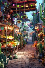 Fototapeta na wymiar Festive Taco Market Cactus Themed Street Food Fiesta in Mexico