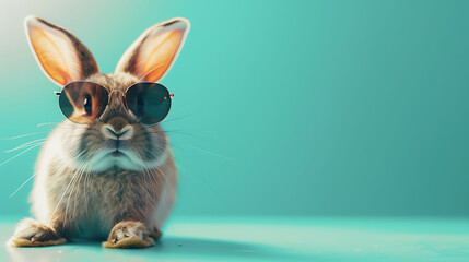 Playful bunny with sunglasses striking a pose on a turquoise surface