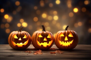 Glowing jack-o'-lanterns on wooden table