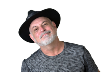 portrait adult man bald white beard face expression happy thoughtful male model gentleman in black clothes image.