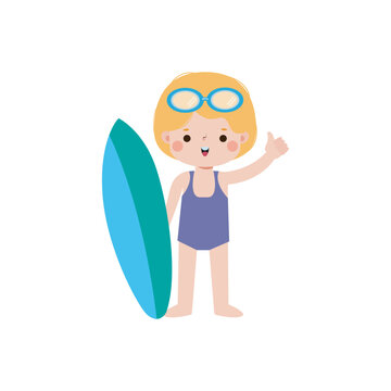 recommend clip art: cute surfer kid character with surfboard on beach. Happy young surfer on the crest wave, flat vector illustration isolated on white background summer time 