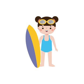 girl holding surfboard, blue swimsuit, goggles clip art preview