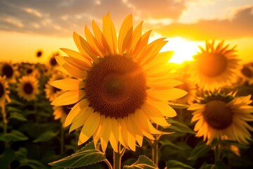 Fototapeta premium Vibrant Sunflower Field at Sunset