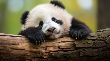 Adorable panda bear resting on log