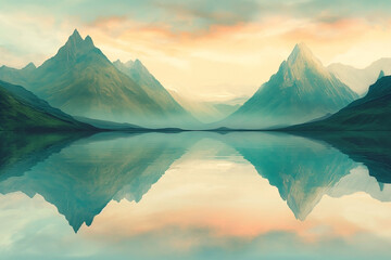 Beautiful mountains that are reflected in the lake at sunrise. Landscape with lake and green sky - Powered by Adobe