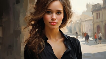 Fototapeta premium Elegant woman with flowing hair in city street