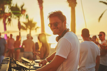 A man is smiling and wearing sunglasses while standing in front of a DJ booth .  He is surrounded by other people, some of whom are also smiling. The atmosphere seems to be lively and fun