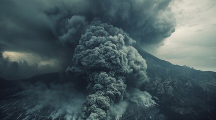 A large plume of smoke billowing out of the summit of a mountain, indicating a volcanic eruption or wildfire. The smoke rises high into the sky, creating a dramatic and potentially dangerous scene.