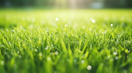 Field of green grass with few drops of water on it