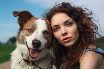 Woman with curly hair is standing next to dog