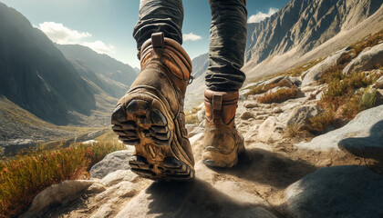 Close up of hiker feet walking outdoors in mountain - Powered by Adobe