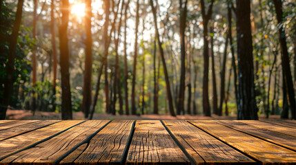 Wooden board with a forest in the background created with Generative Ai technology