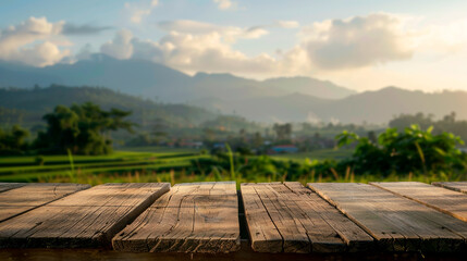 Wooden board with a forest in the background created with Generative Ai technology