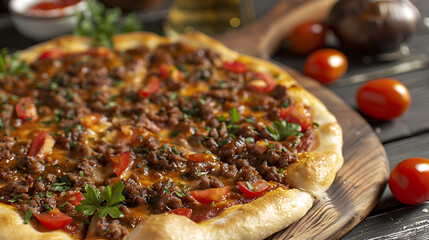 lahmacun is traditional turkish pizza on wooden cutting board