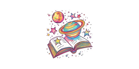 
a cute planet with stars and an open book clipart, organic forms, pastel colours, contour lines, vector illustration, white background