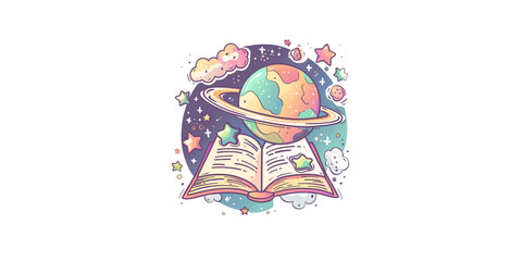 
a cute planet with stars and an open book clipart, organic forms, pastel colours, contour lines, vector illustration, white background