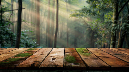 Wooden board with a forest in the background created with Generative Ai technology