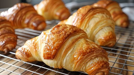 Fototapeta premium close-up of freshly baked croissants cooling on a wire rack, their golden crusts glistening with buttery goodness.